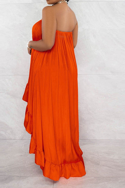 storexq Solid Color Urban Ruffle High Low Maxi Dress