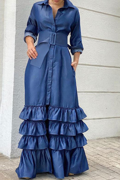 storexq Solid Color Pretty Belted Tiered Ruffle Maxi Dress