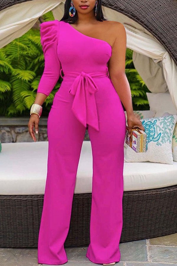 storexq Solid Color One Shoulder Elegant Jumpsuit Wih Belt