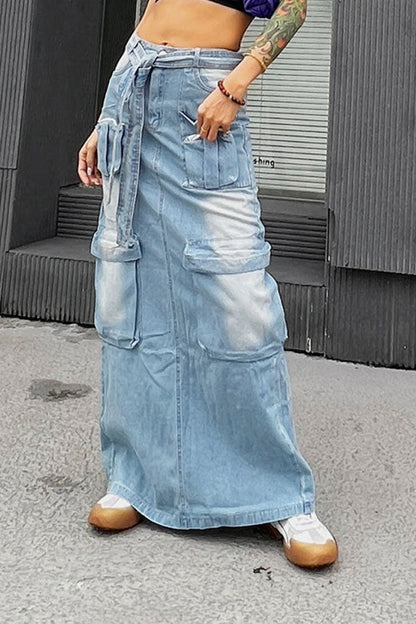 storexq Gradient Punk Multi Pocket Belted Denim Skirt