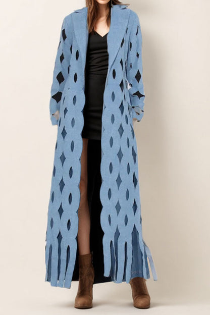 storexq Blue Denim Striking Twisted Cutout Design Tassel Trench Coat