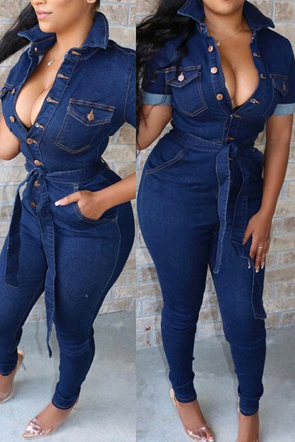 storexq Navy Blue Casual Button Down Denim Jumpsuit With Belt