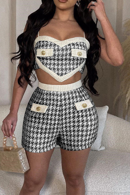 storexq Houndstooth Patchwork Smart Irregular Pant Suit