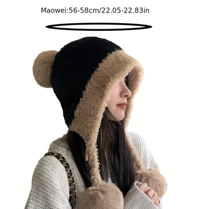 Cozy Winter Beanie with Ear Flaps - Cute Plush Pom-Pom, Thick Fleece Lined Knit Hat for Women, Stretchy Cotton, Hand Washable