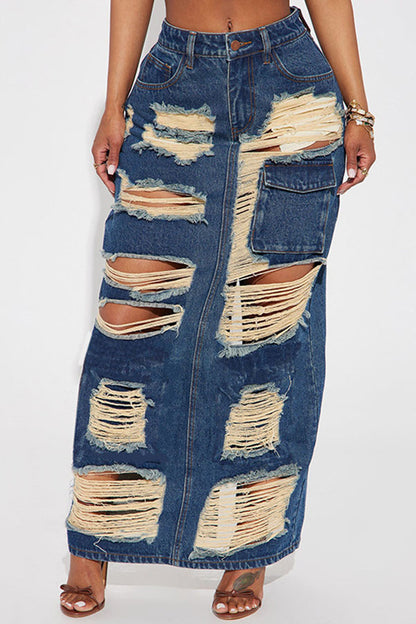 storexq Ripped Hippy Pocket Washed Denim Skirt