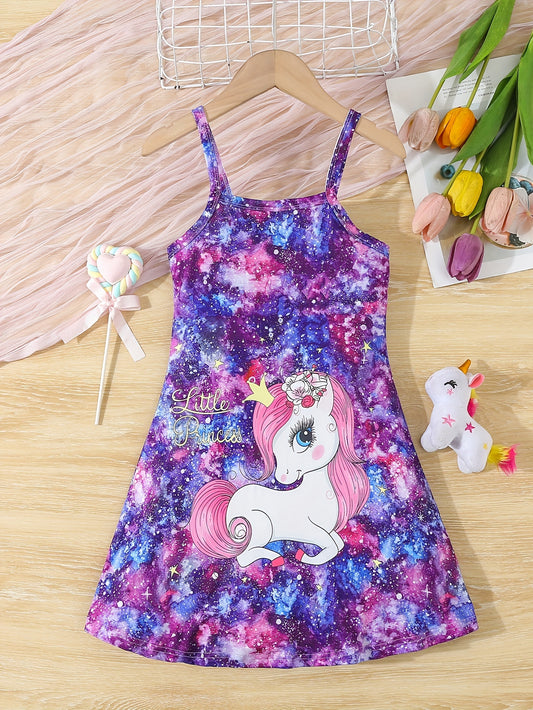 Girls Unicorn Spaghetti Strap Dress, Casual Style, Galaxy Print, Twirl Skater Sundress for Kids, Colorful Summer Outfit