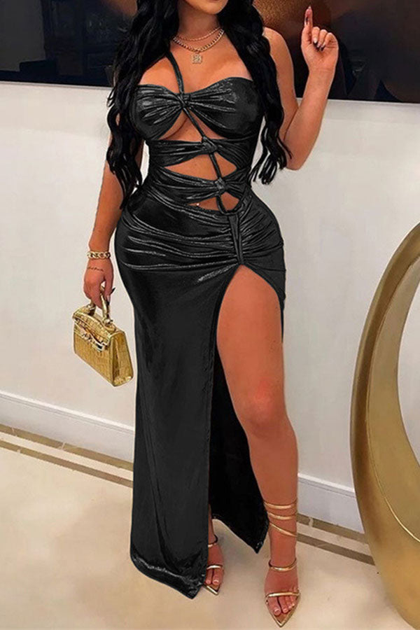 namcoverse Metallic Hot Knotted Cutout High Split Midi Dress