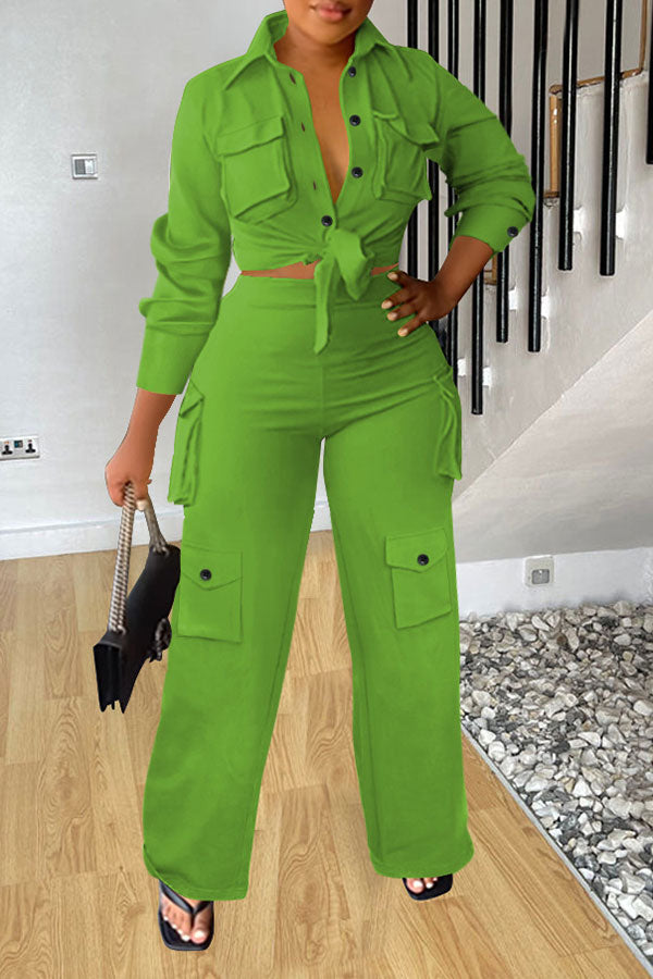 storexq Solid Color Lace-Up Classic Patch Pocket Pant Suit