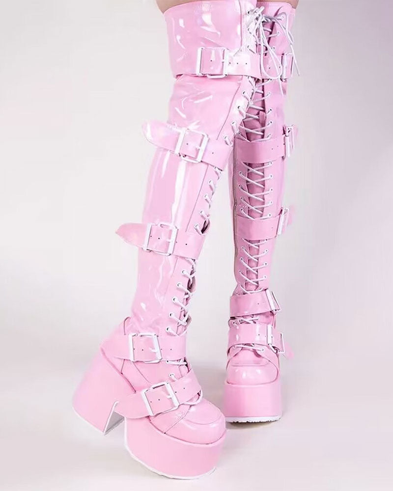 storexq Buckled Design Whimsical Strappy Chunky Boots