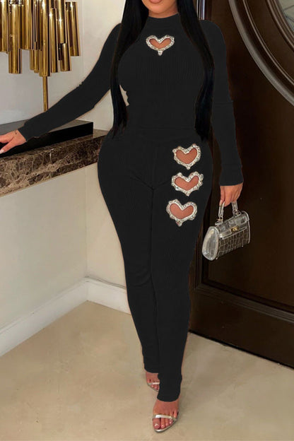 storexq Cutout Heart Rhinestone Design Romantic Bodycon Pant Suit