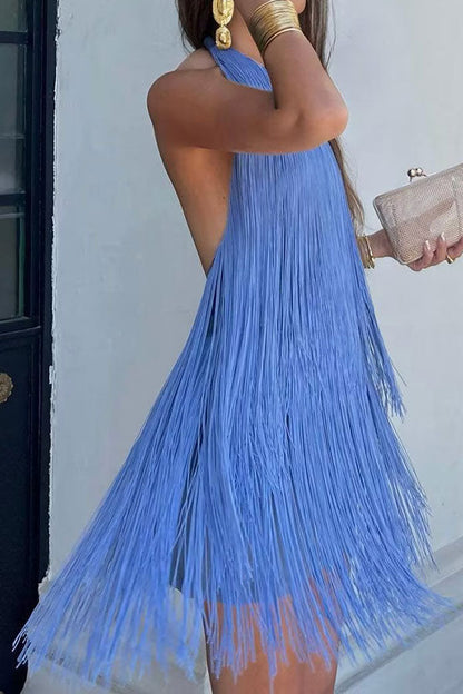 storexq Solid Color Feminine Backless Tassel Mini Dress