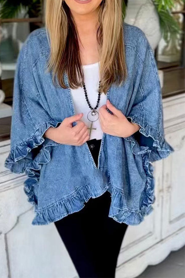 storexq Solid Color Elegant Ruffle Denim Coat