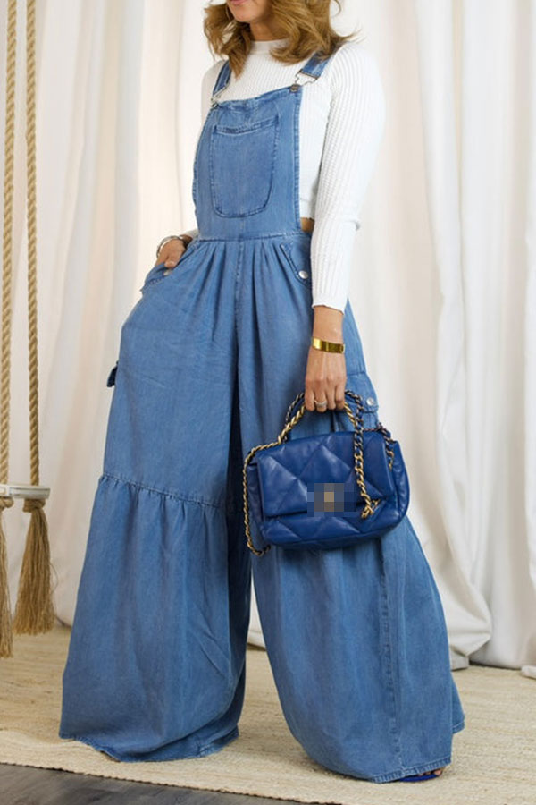 storexq Blue Denim Casual Wide Leg Suspender Jumpsuit