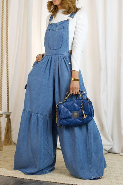 storexq Blue Denim Casual Wide Leg Suspender Jumpsuit