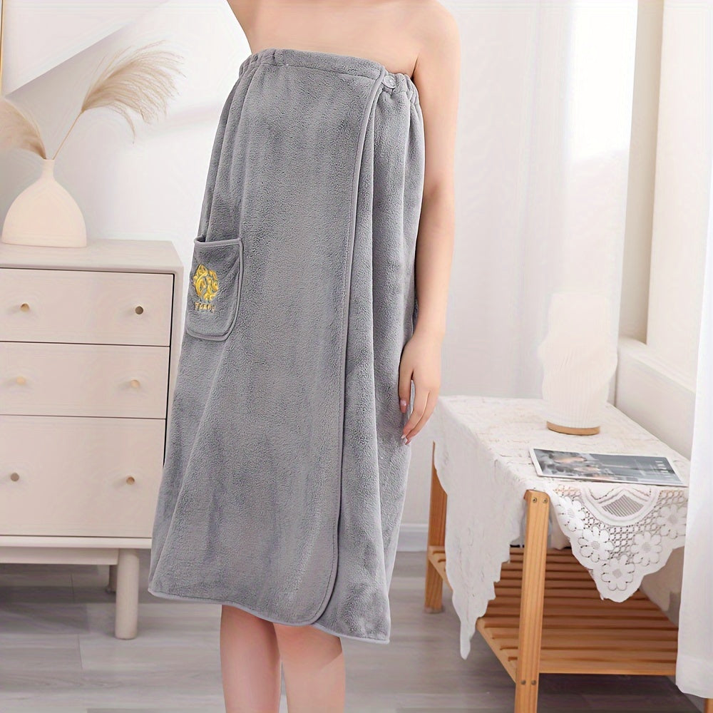 1pc Ultra-Soft Unisex Bath Towel Skirt - Quick-Dry, Non-shedding, Embroidered Plain Design with Pockets - Versatile Spa Wrap for Adults, Perfect for Sauna & Bathroom - Secure Fit, Stylish & Absorbent