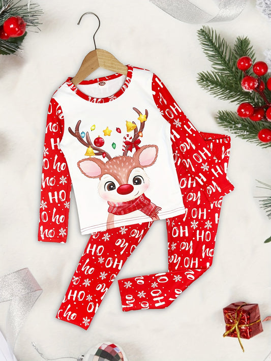 2 Pcs Girl's Casual Underwear Set, Cute Christmas Deer Letter Print Round Neck Long Sleeve & Trousers, Comfy & Skin-friendly outdoor clothing Set, As Daily Gift