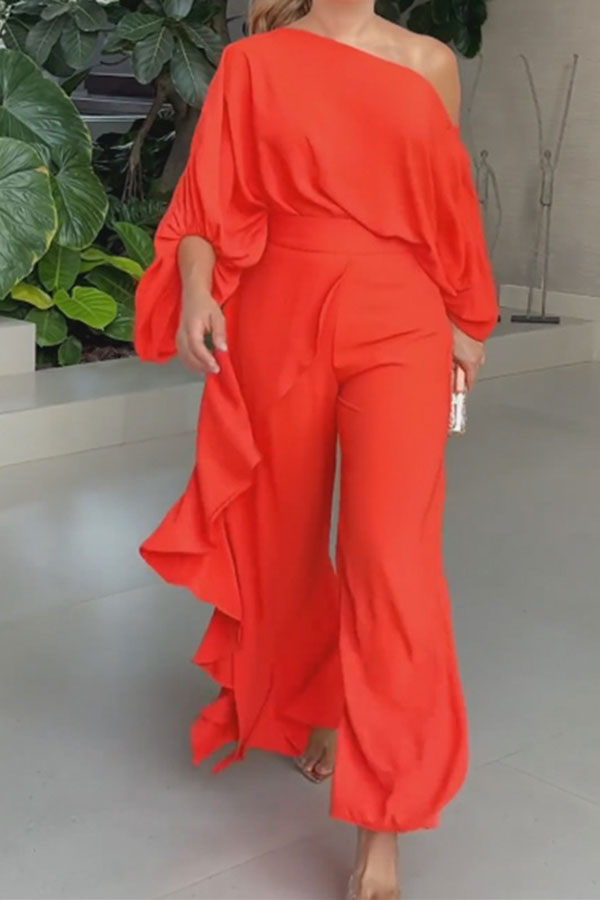 storexq Solid Color Romantic Ruffle Irregular Pant Suit