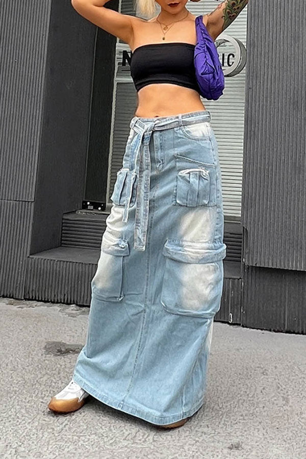 storexq Gradient Punk Multi Pocket Belted Denim Skirt