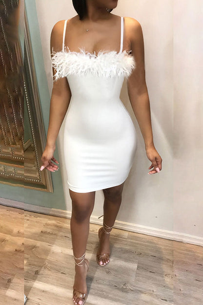 namcoverse Solid Color Feather Elegant Bodycon Mini Dress