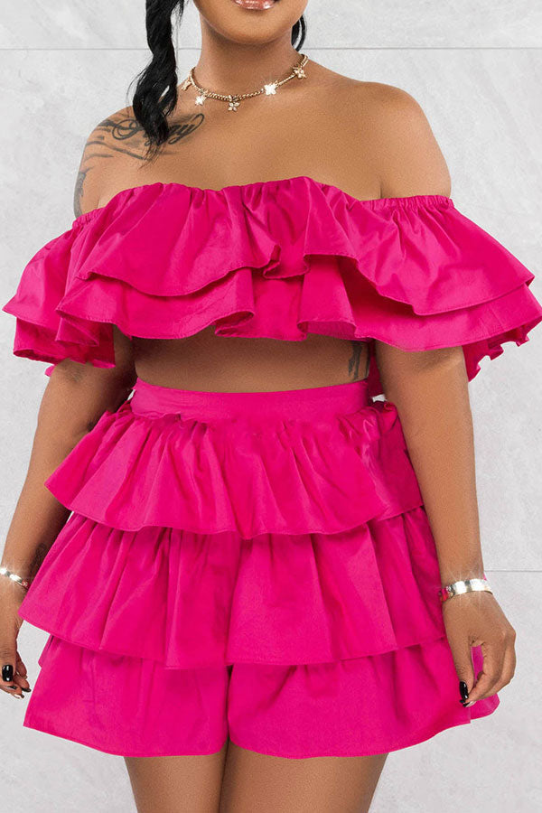 storexq Solid Color Cute Tiered Ruffle Pant Suit