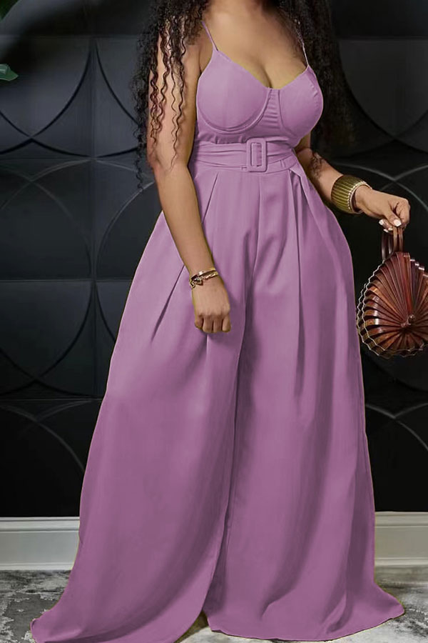 storexq Solid Color Pretty Belted Wide Leg Jumpsuit