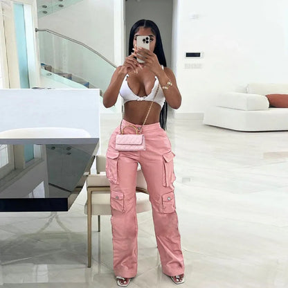 Women's Pants Capris Pink PU Faux Leather Cargo Pants Women Y2k Hip Hop High Waist Pockets Baggy Straight Trousers Fashion Street Party Wide-leg Pant 230809