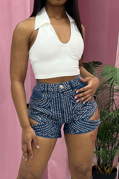 storexq Washed Denim Rhinestone On-trend Cutout Shorts