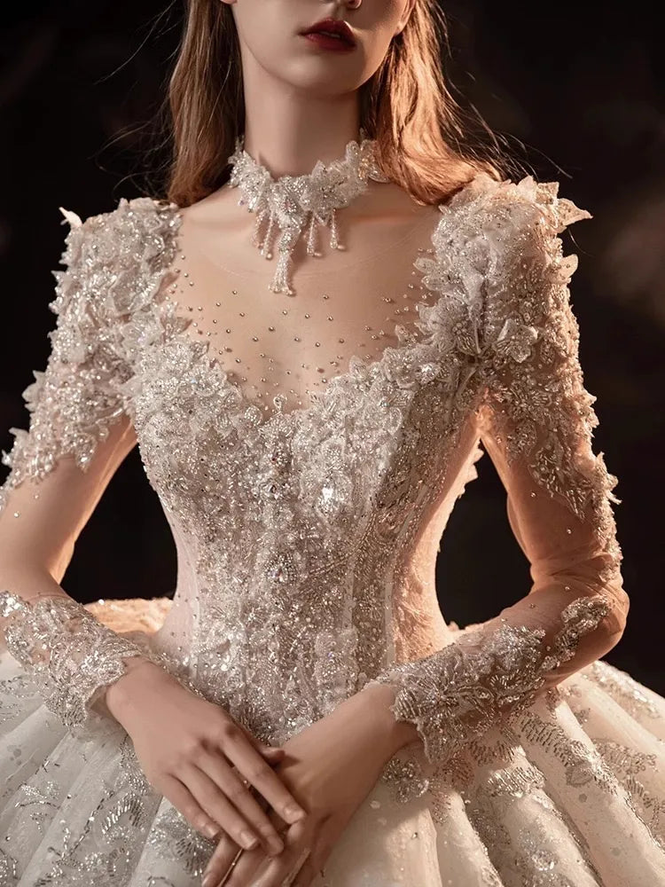 Elegant Wedding Dress Illusion Neck Lace Appliques Pearls Beads Robe Mariage Vestidos De Novia Sparkly Luxury Long Sleeves Dubai Arabic Plus Size Bridal Gown