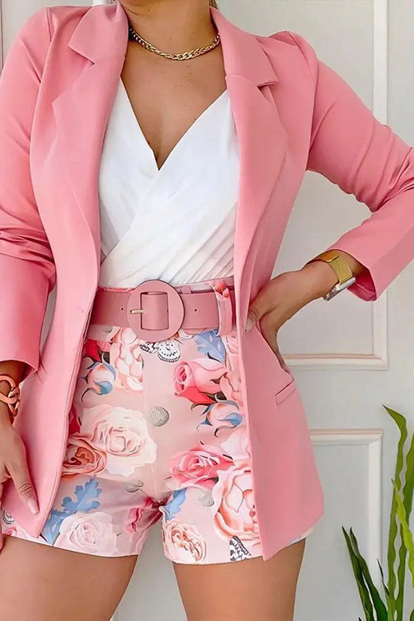 storexq Rose Print Commuting Notched Lapel Pant Suit