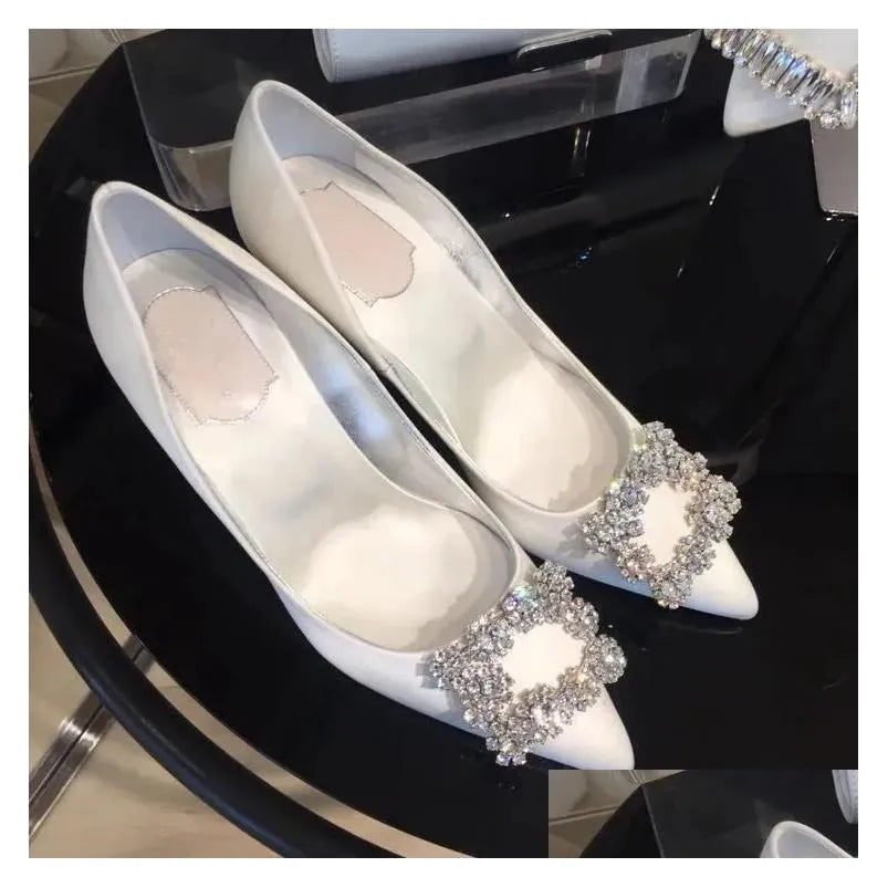 Sandals Luxury Rhinestone Pointed Toe Stiletto Heel Women Satin Designer Dress Shoes Ladies Elegant Crystal Wedding Bridal Pumps 24061 Dhid1