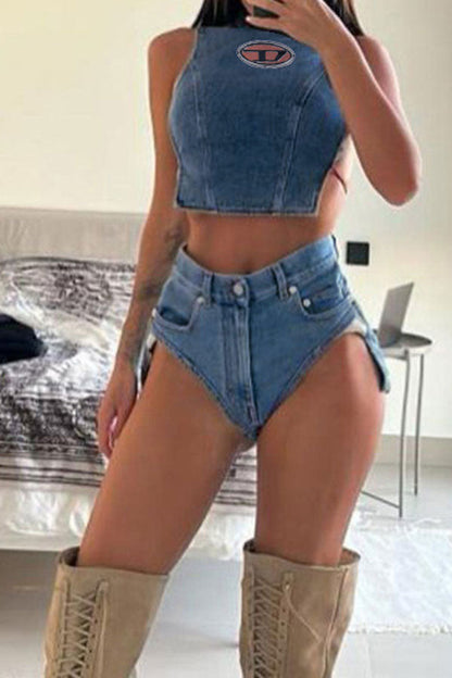 storexq Metal Decor Smart Strappy Open Back Denim Camisole