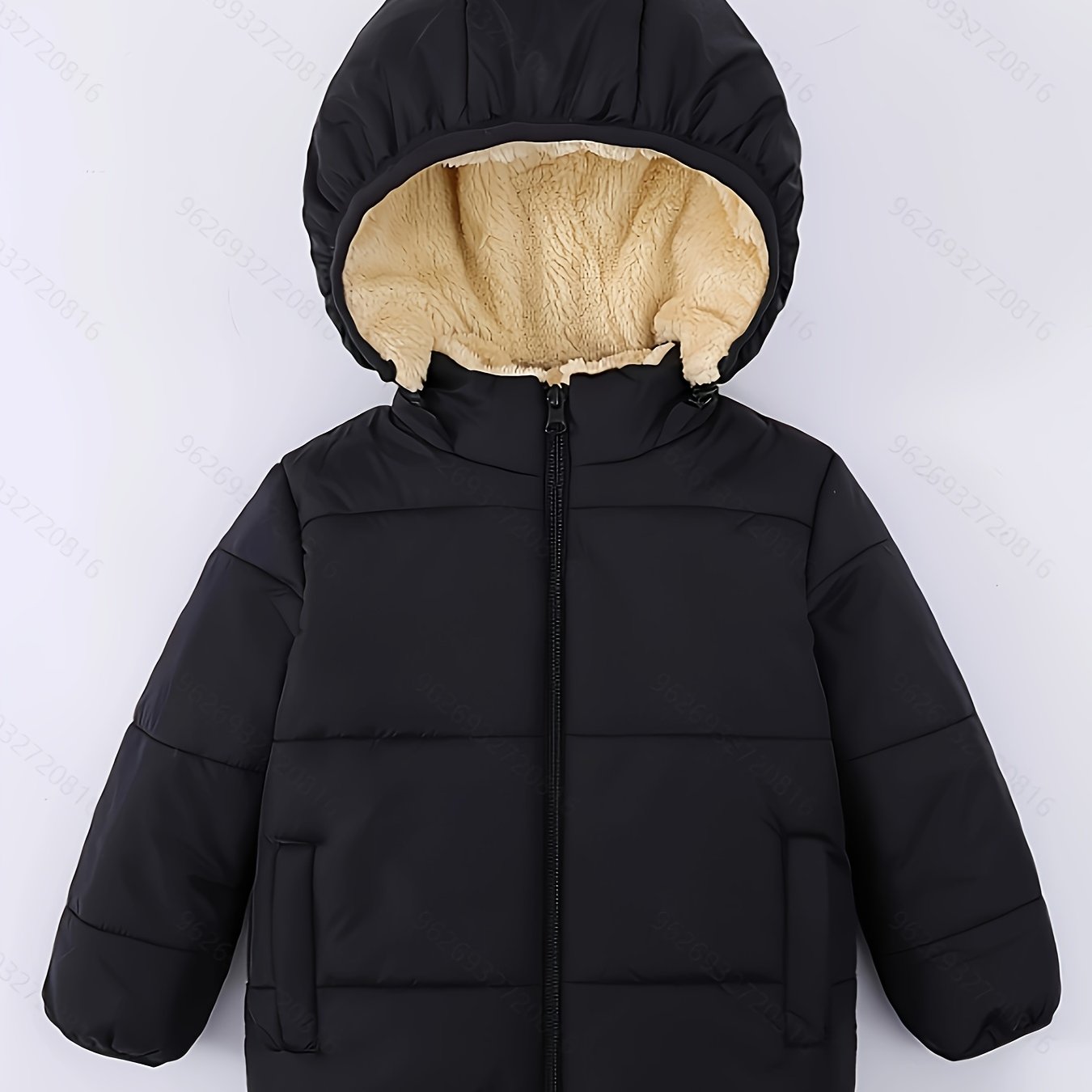 Baby's Solid Color Fuzzy Lining Quilted Jacket With Detachable Hood, Warm Zip Up Padded Coat, Baby Boy's Clothing For Fall Winter