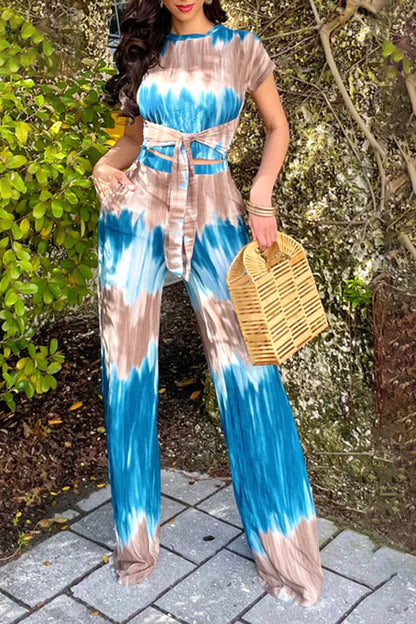 storexq Tie Dye Unusual Belted Wide Leg Pant Suit