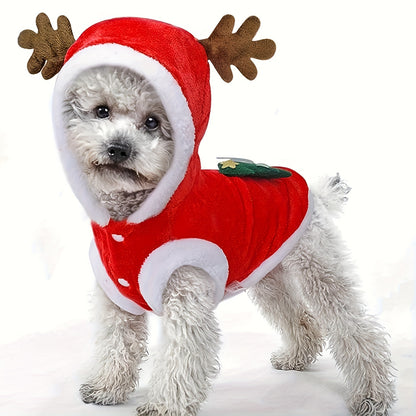 1pc Festive Christmas Dog Costume with Hood - Red Knit Polyester Pullover with Snap Button Closure - Medium Breed - Reindeer Antlers & Green Tree Design - Winter Holiday Apparel for Small to 2XL Dogs