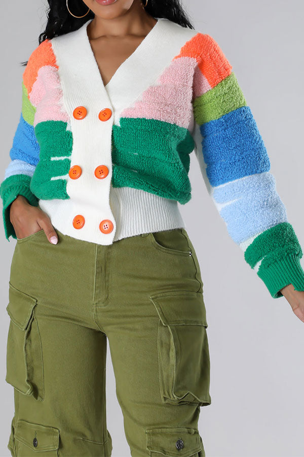 namcoverse Rainbow Towel Patchwork Cute Button Cardigan