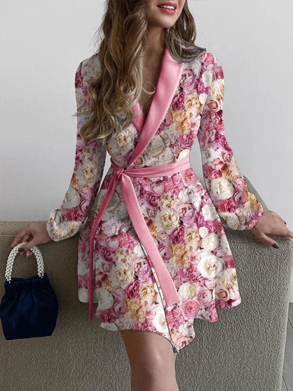 designer dresses Women Casual Dresses Spring and autumn floral print lapel V-neck long sleeve belted dress Clothing fashion elegance Clothes baa ea0