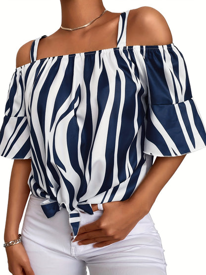 Chic Plus Size Womens Blouse - Fashionable Stripe Print with Flirty Ruffle Trim & Cold Shoulder Knot Front - Comfy Casual Top for Everyday Style