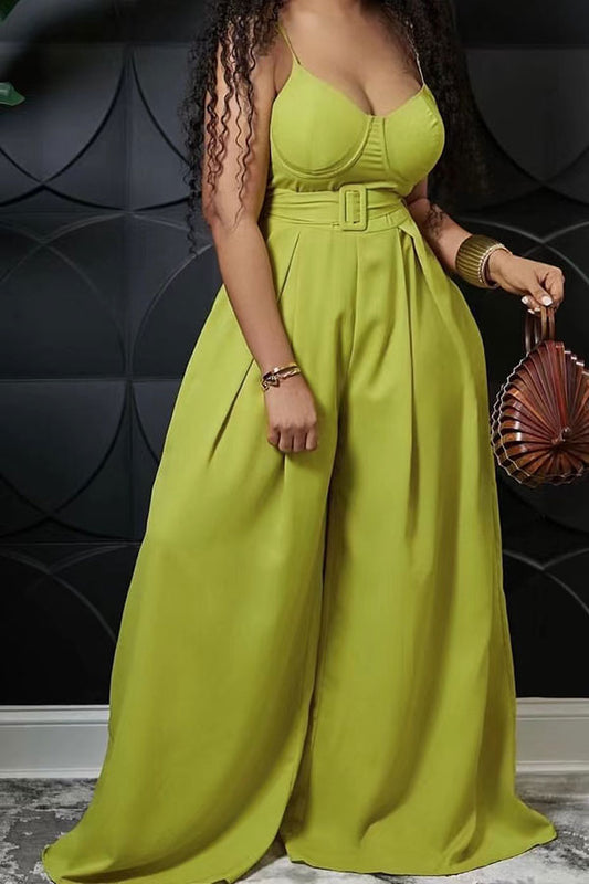 storexq Solid Color Pretty Belted Wide Leg Jumpsuit