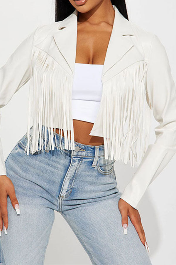 storexq Solid Color Cool Tassel PU Jacket