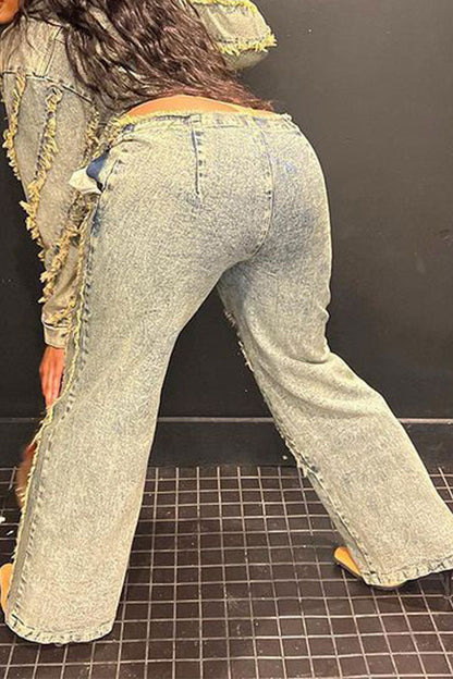 storexq Tassel Patchwork Punk Denim Pant Suit