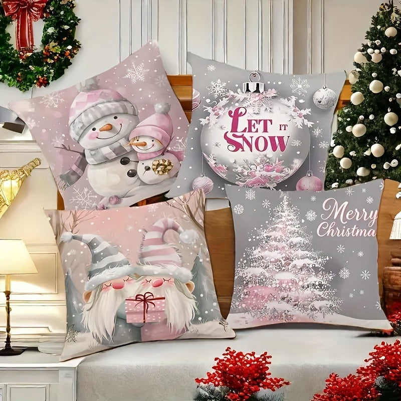 4-Pack Festive Lodge-Style Christmas Throw Pillow Covers - Polyester Zippered Cushion Cases with Vibrant Festive Patterns, Machine Washable, and Durable for Home Decor, Living Room, Bedroom, and Outdoor Sofa Decoration