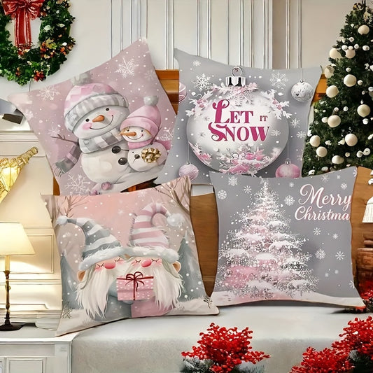 4-Pack Festive Lodge-Style Christmas Throw Pillow Covers - Polyester Zippered Cushion Cases with Vibrant Festive Patterns, Machine Washable, and Durable for Home Decor, Living Room, Bedroom, and Outdoor Sofa Decoration