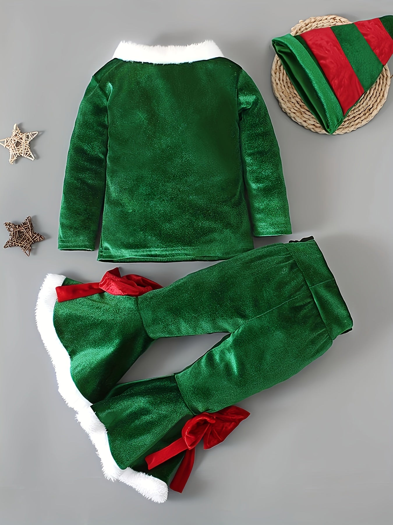 3pcs Santa Claus Set For Girls, Velvet Top & Christmas Hat & Flared Pants Set, Kid's Dress Up Outfits For Spring Fall Winter, As Gift