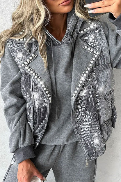 storexq Sequined & Beaded Decor Glittery Cotton-padded Gilet