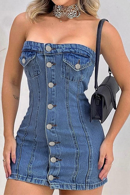 namcoverse Washed Denim On-trend Bandeau Mini Dress