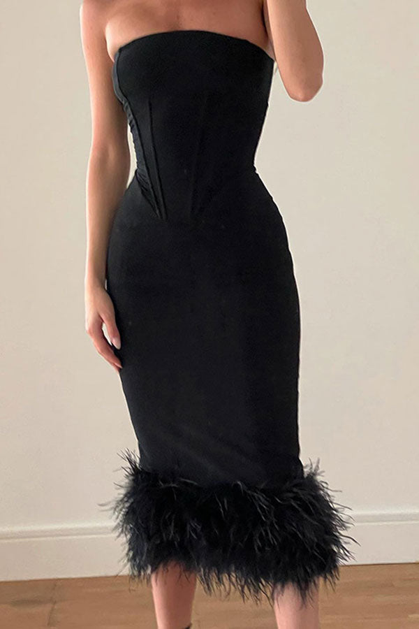 storexq Black Stunning Feather Patchwork Bodycon Midi Dress