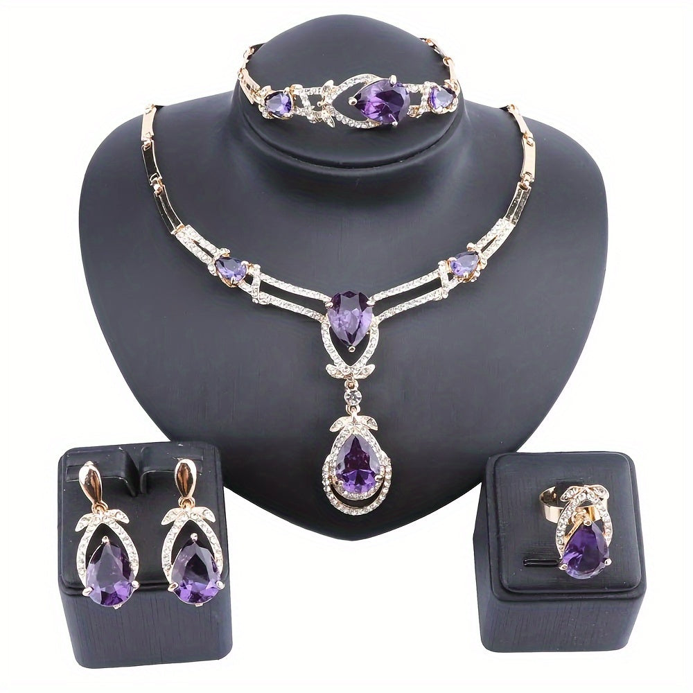 Dangle Earrings + Necklace + Bracelet + Ring Elegant Jewelry Set 18k Gold Plated Inlaid Purple Gemstone Golden Or Silvery Pick A Color U Prefer