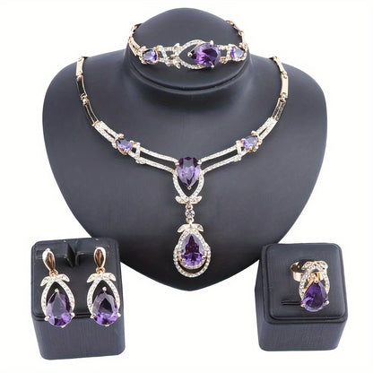 Dangle Earrings + Necklace + Bracelet + Ring Elegant Jewelry Set 18k Gold Plated Inlaid Purple Gemstone Golden Or Silvery Pick A Color U Prefer