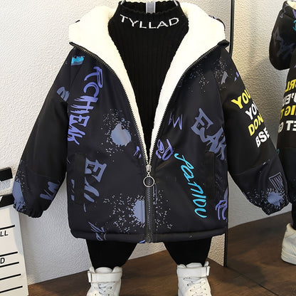 Boys Winter Thickened Coat Ink Splashes And Letters Print Hooded Jacket Boys Windproof Thick Warm Coat Jacket