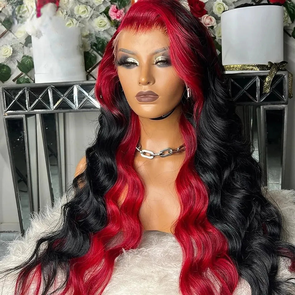 34 Inches Perivian HD Lace Front Wig Red Ombre Black Body Wave Lace Frontal Wig Colored Highlight Wig Synthetic Preplucked